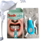 Teeth cleaning kit packaging and sealed foil pouch with blue device