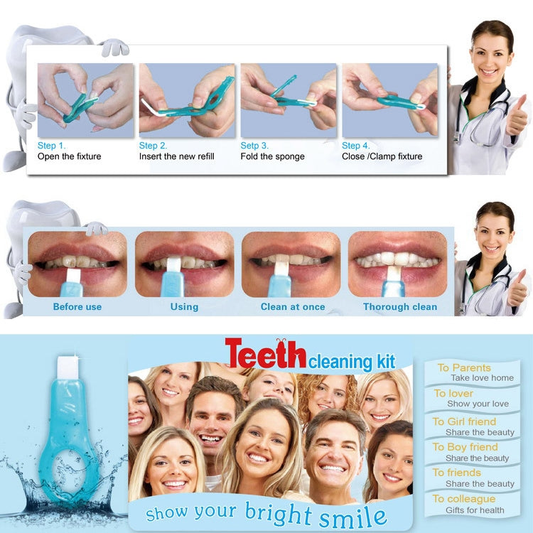 Teeth cleaning kit instruction card with steps, before/after panels, and smiling group