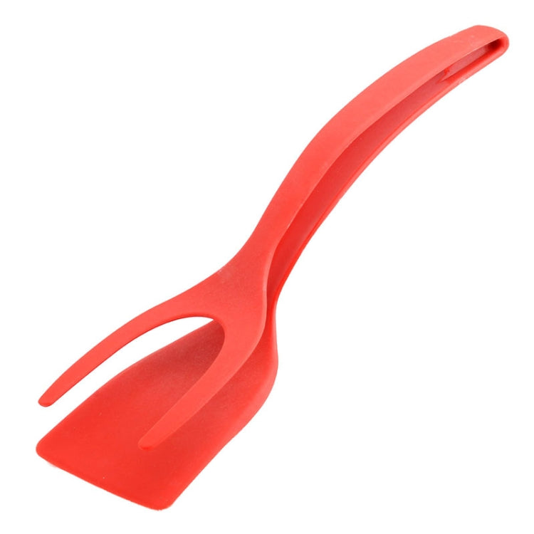 Red silicone omelette spatula with forked edge and long handle