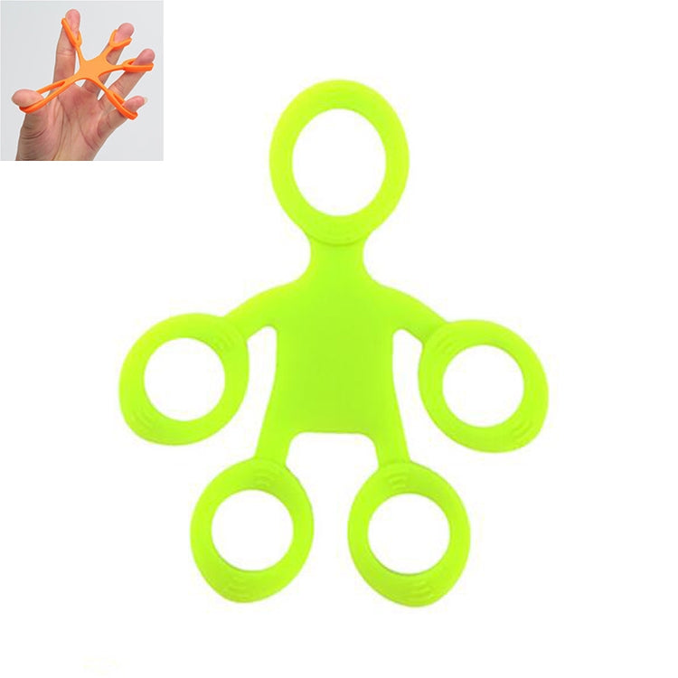 Green silicone humanoid finger exercise pull ring with five finger loops.