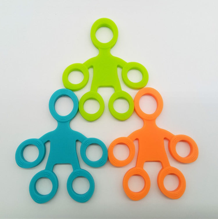 Set of silicone humanoid finger exercise pull rings in green, blue, and orange.