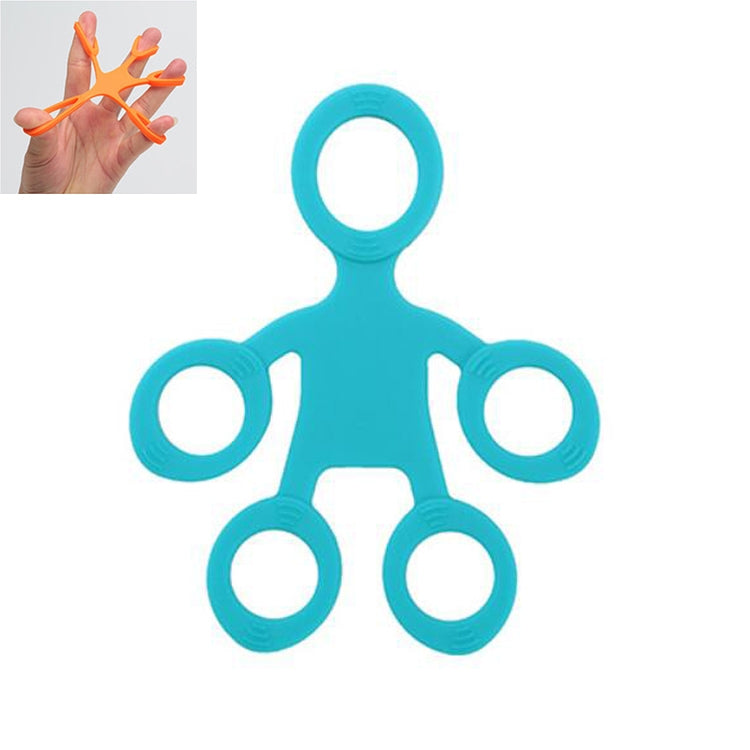 Blue silicone humanoid finger exercise pull ring with five finger loops.