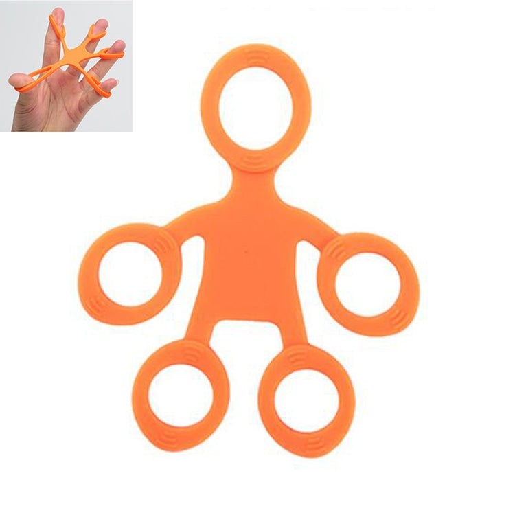 Orange silicone humanoid finger exercise pull ring with five finger loops.