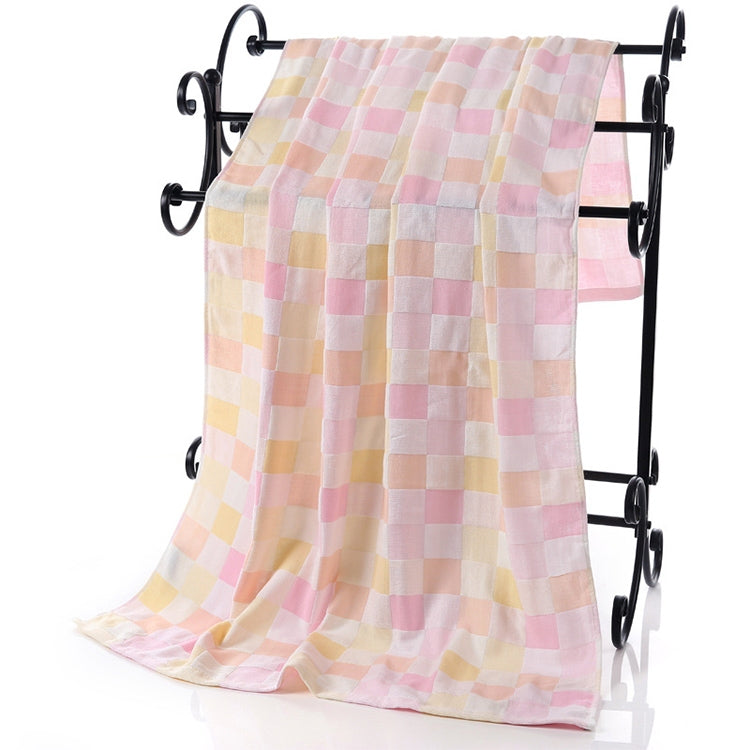 Checkered pink-and-cream cotton bath towel, rectangular with fringed ends