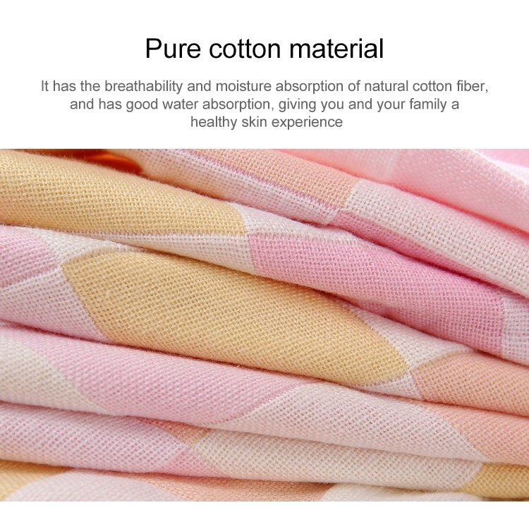 Textured double-gauze cotton towel fabric in pink, peach, and pale yellow checks