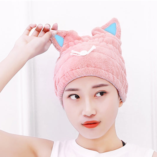 Pink coral fleece cat-ear hair drying cap with button tie, adult shower cap