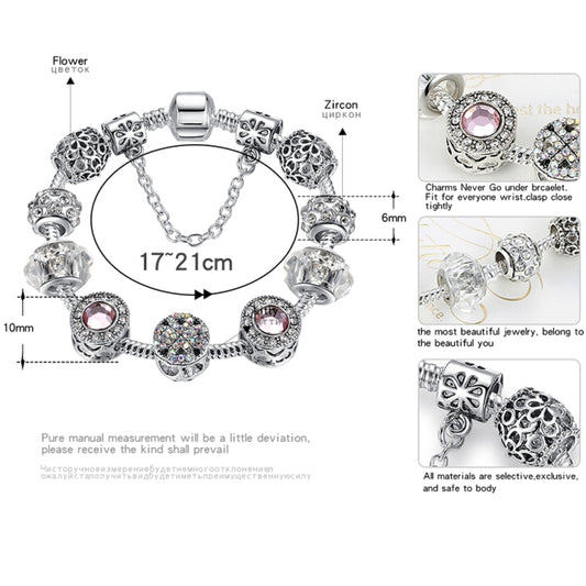Charm bracelet with pink and multi-color crystal beads, clear faceted beads, and metal clasp