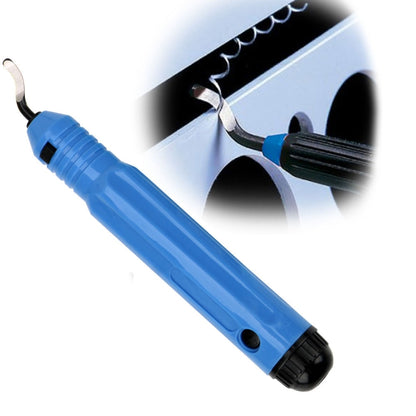 Blue hand deburring trimming knife with metal scraper cutter head attached