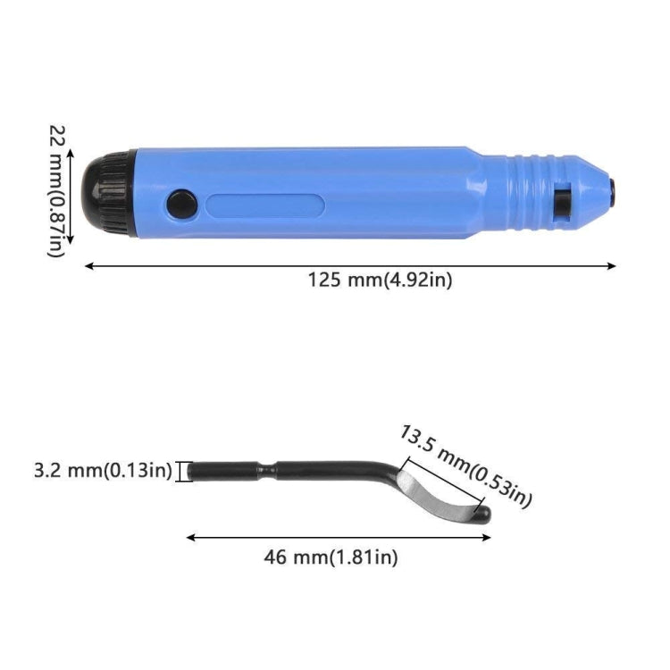 Blue deburring trimming knife with dimensions shown on handle and cutter blade