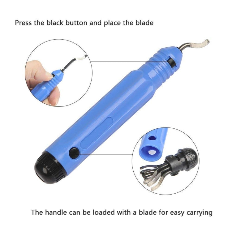Blue hand deburring trimming knife with black button and removable blade