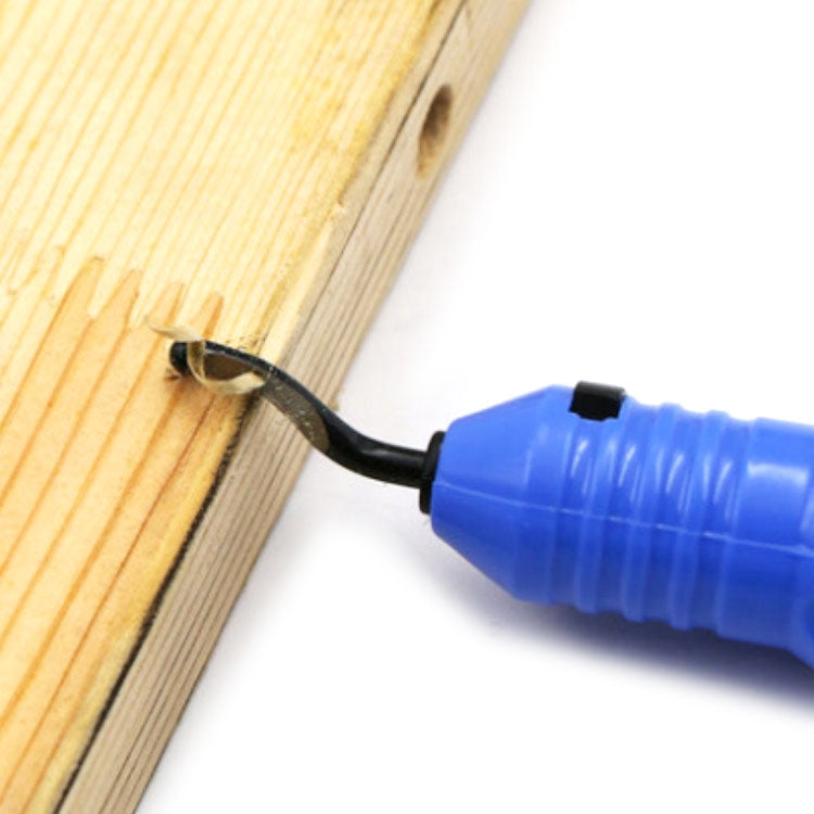 Blue deburring trimming knife scraping wood edge with metal blade