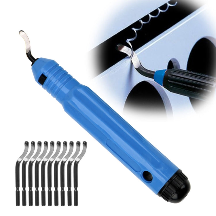 Blue hand deburring trimming knife with multiple cutter heads and metal blade