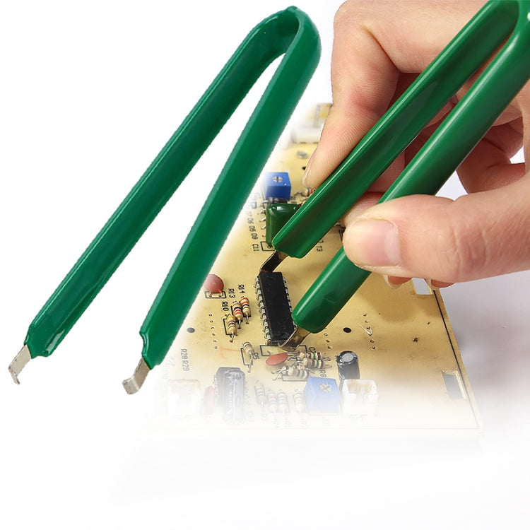 Green IC desoldering tweezer pliers with dual metal tips for chip pulling