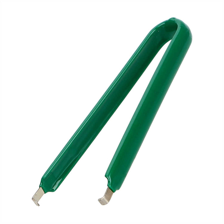 Green IC desoldering tweezers, two long arms with angled metal ends