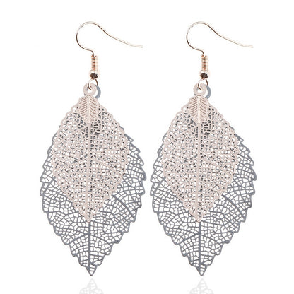 Silver-toned double-layer leaf earrings with filigree teardrop design
