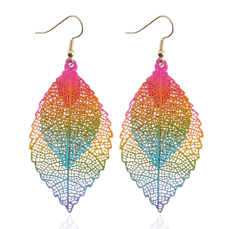 Rainbow double-layer leaf earrings with filigree teardrop design and hooks