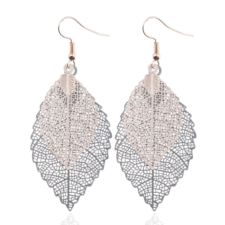 Light silver double-layer leaf earrings with filigree teardrop design