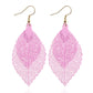 Pink double-layer leaf earrings with filigree teardrop design and gold hooks