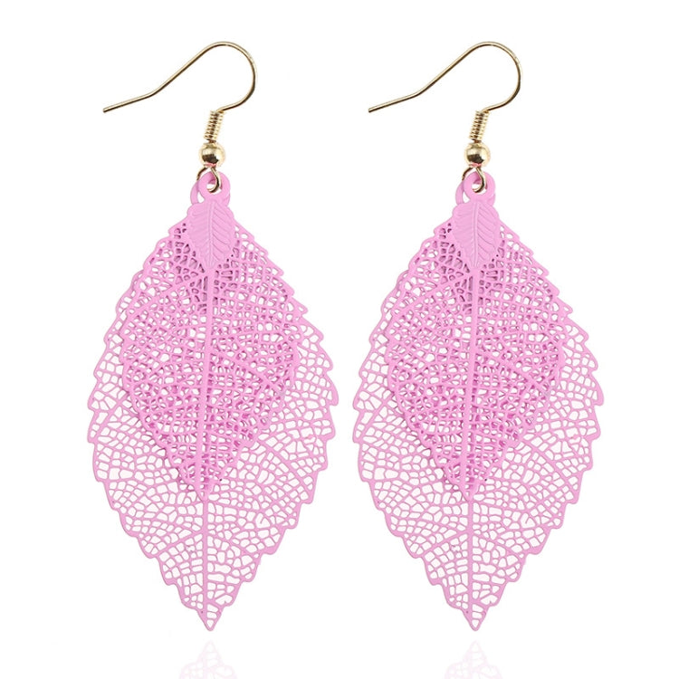 Pink double-layer leaf earrings with filigree teardrop design and gold hooks