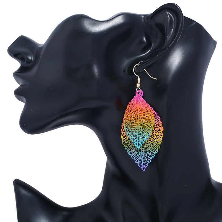Multicolor gradient double-layer leaf earrings with filigree teardrop design
