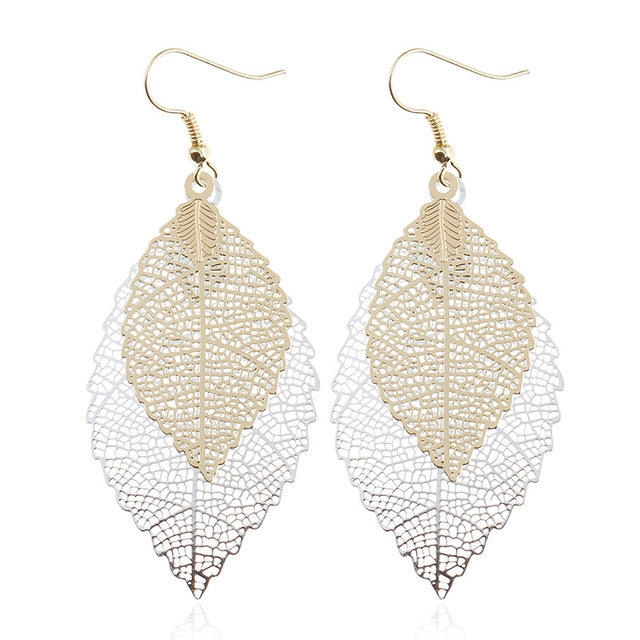 Cream-white double-layer leaf earrings with filigree teardrop design