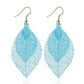 Light blue double-layer leaf earrings with filigree teardrop design and gold hooks