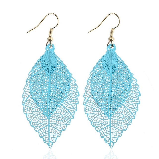 Light blue double-layer leaf earrings with filigree teardrop design and gold hooks