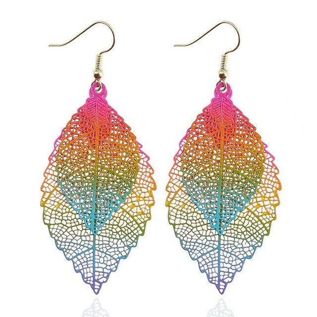 Rainbow double-layer leaf earrings with filigree teardrop design and hooks