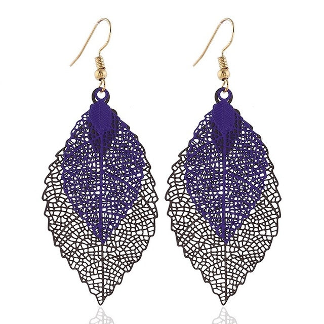 Leaf tassel earrings, double-layer purple and black filigree leaf with gold-tone hooks