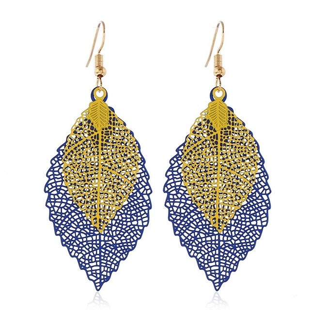 Leaf tassel earrings, double-layer yellow and blue filigree leaf with gold-tone hooks
