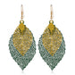 Leaf tassel earrings, double-layer yellow and green filigree leaf with gold-tone hooks