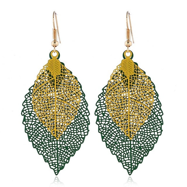 Leaf tassel earrings, double-layer yellow and green filigree leaf with gold-tone hooks