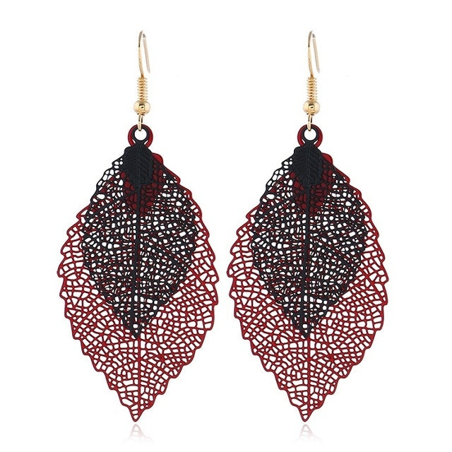 Leaf tassel earrings, double-layer red and black filigree leaf with gold-tone hooks