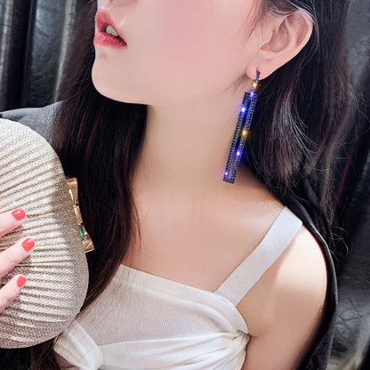 Blue rhinestone long rectangle drop earrings with sparkling straight bar design
