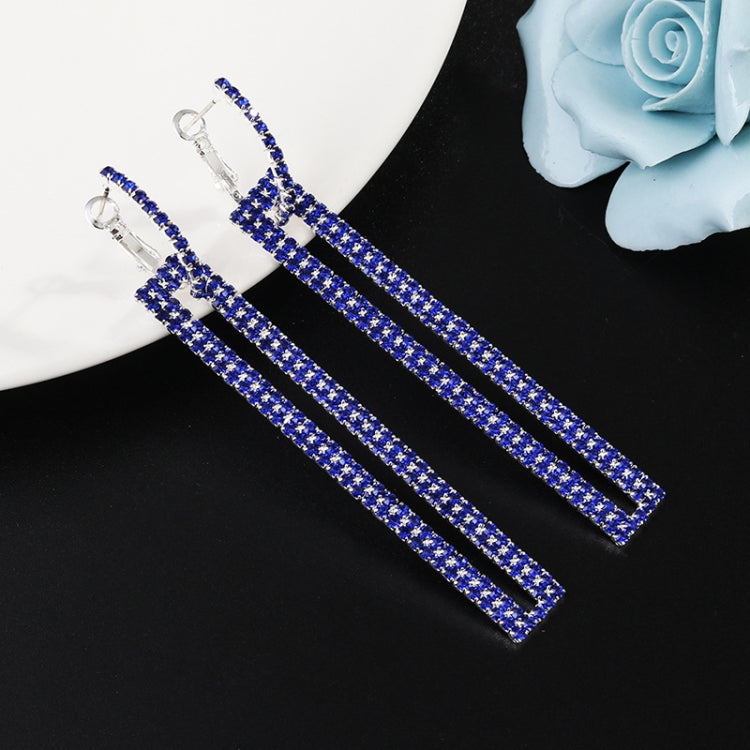Blue rhinestone long rectangle drop earrings with silver-tone hooks, set of two