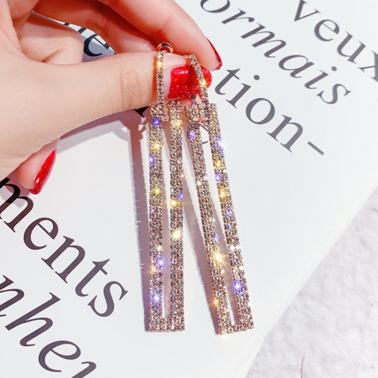 Multicolor rhinestone long rectangle drop earrings with gold-tone edges and shimmer