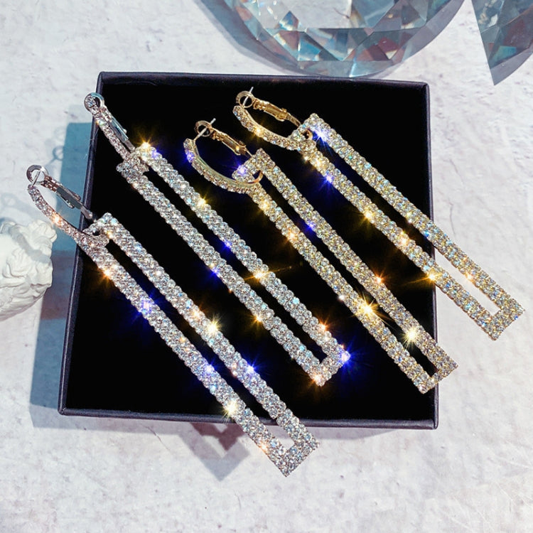 Assorted rhinestone long rectangle drop earrings set with blue, silver, and gold tones