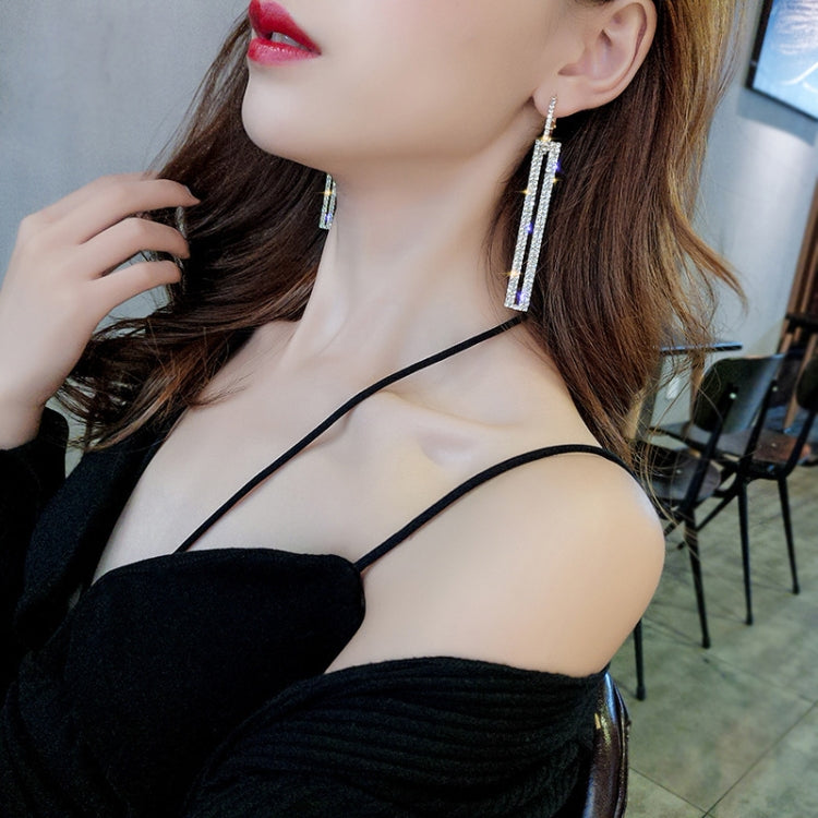 Blue and silver rhinestone long rectangle drop earrings with straight bar sparkle