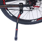 Bicycle parking rack kickstand with black legs and red release button near wheel