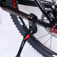 Bicycle kickstand mounting bracket with black alloy arms and red release button
