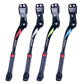 Bicycle kickstand set with black legs, red release buttons, green and blue accents