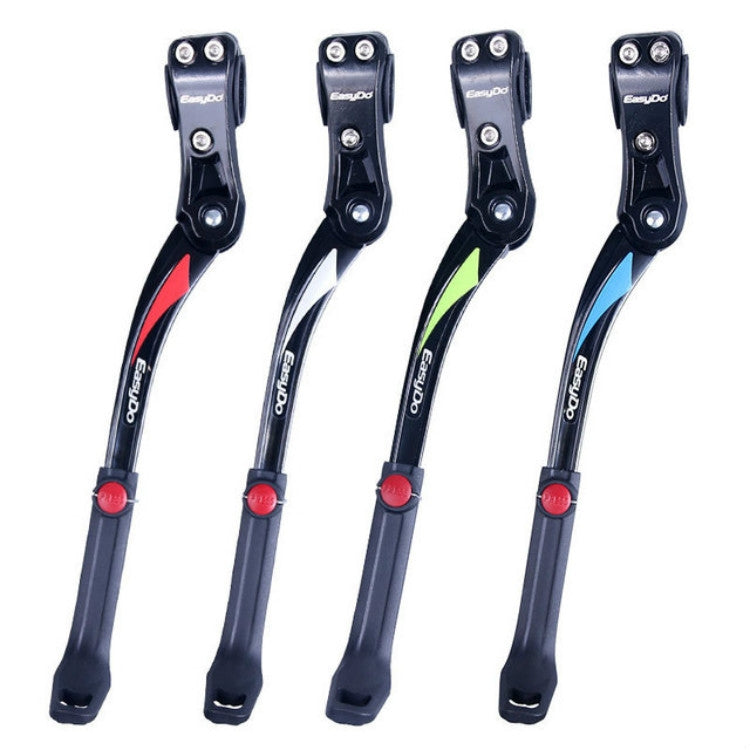 Bicycle kickstand set with black legs, red release buttons, green and blue accents