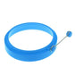 Blue round silicone egg ring mold with metal handle, empty ring shape.