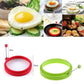 Silicone egg ring molds in red and green with metal handles, shown with dimensions.