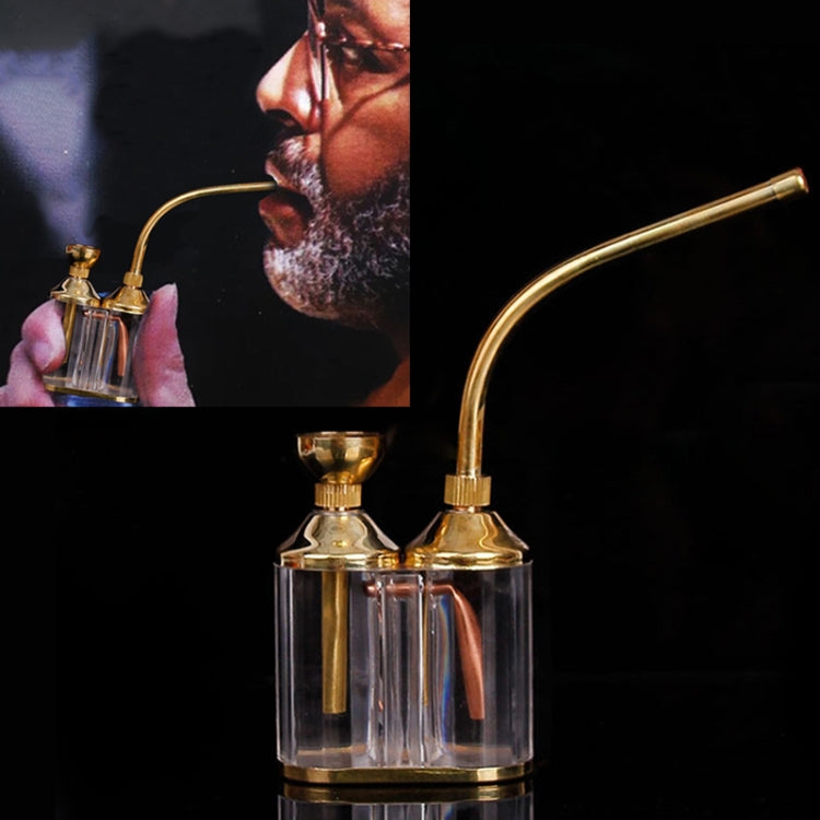 Gold-and-clear multi-filter hookah base with two glass chambers and curved hose ports