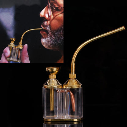 Gold-and-clear multi-filter hookah base with two glass chambers and curved hose ports