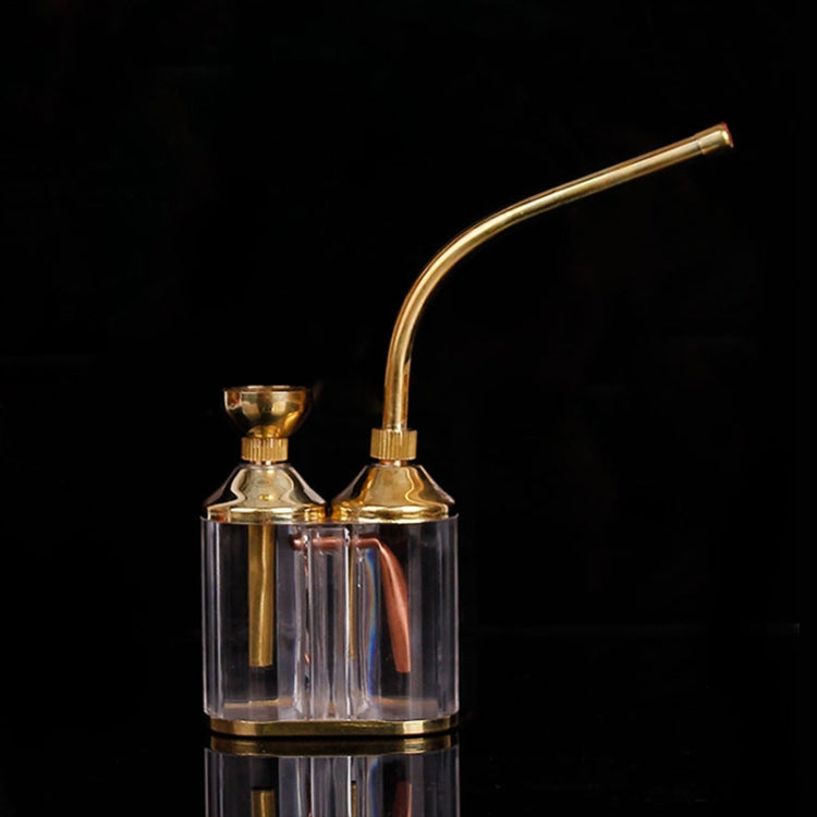 Clear glass hookah canister with gold lid, twin stem outlets, and curved hose neck