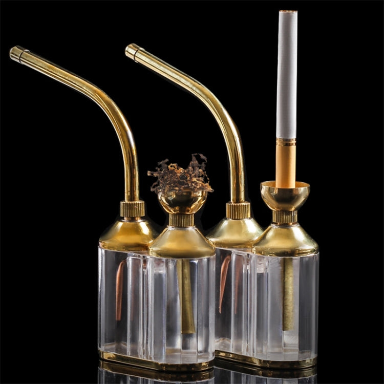 Twin-hose multi-filter hookah with brass tops, curved tubes, and clear glass reservoirs