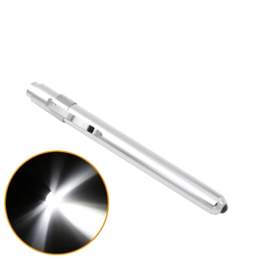 Silver mini LED penlight flashlight with small side vent and pointed tip