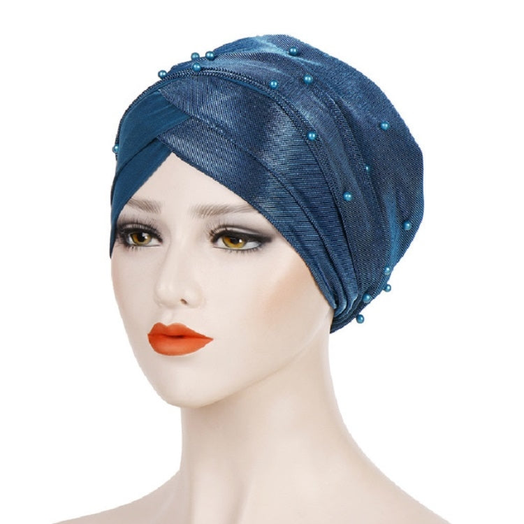 Beaded two-tone turban hat, blue with dark band and pearl-like studs